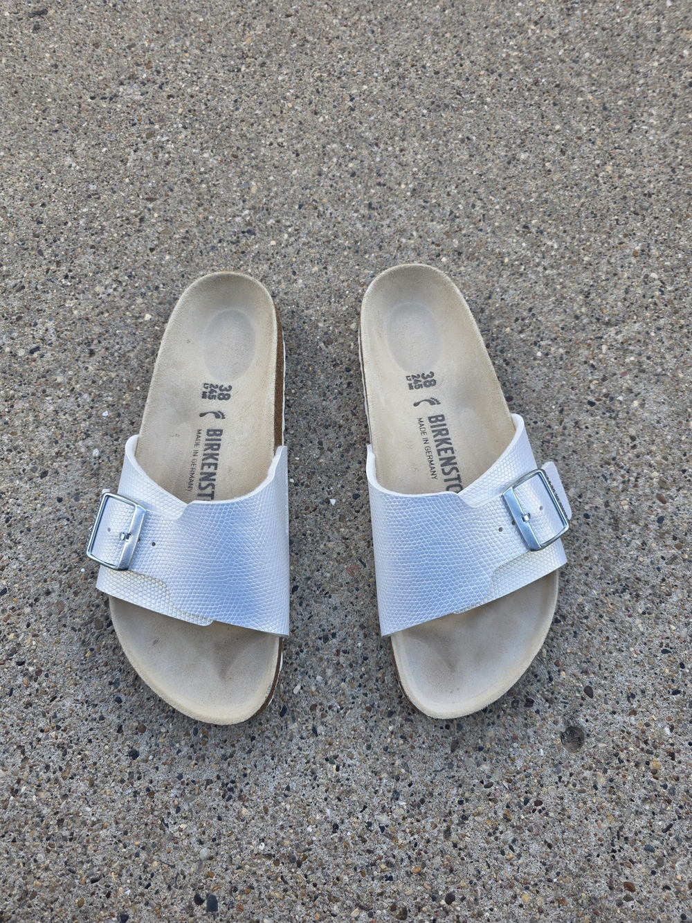 Birkenstock Single Strap Slides in Metallic White Women Size 7